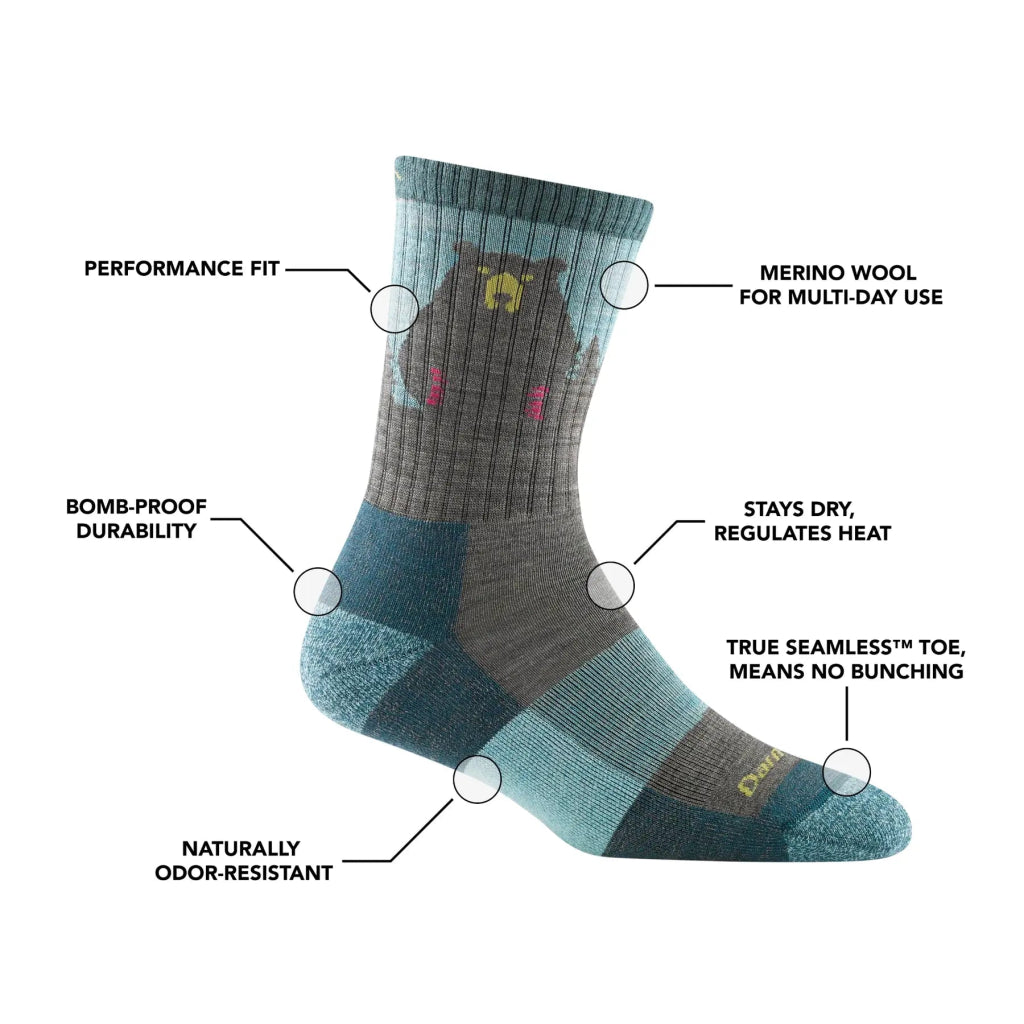 Darn Tough 1970 Women&#39;s Bear Town Micro Crew Lightweight Hiking Sock - Dark Teal - Hill and Dale Outdoors