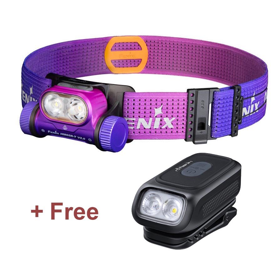 Fenix HM65R-T V2.0 purple blue gradient headtorch with orange buckle and free emergency clip
