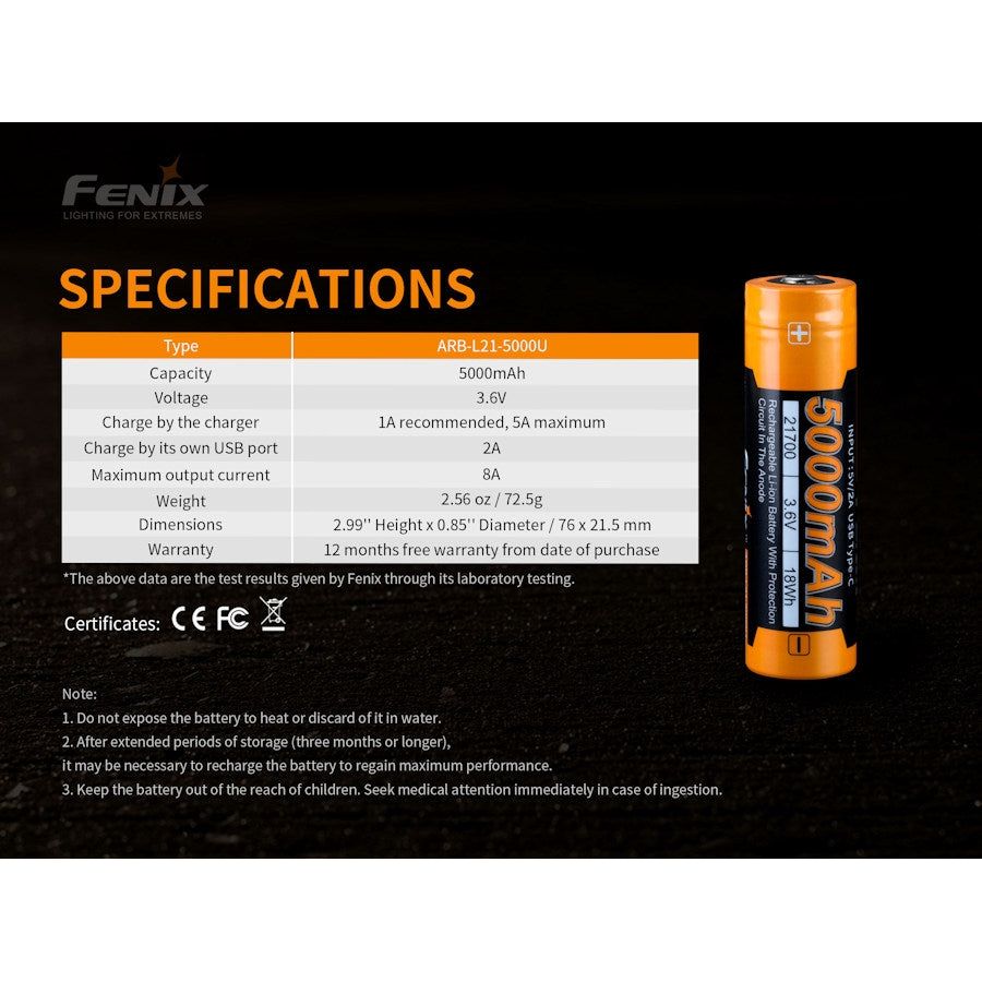 Fenix ARB-L21-5000U USB-C 21700 Battery