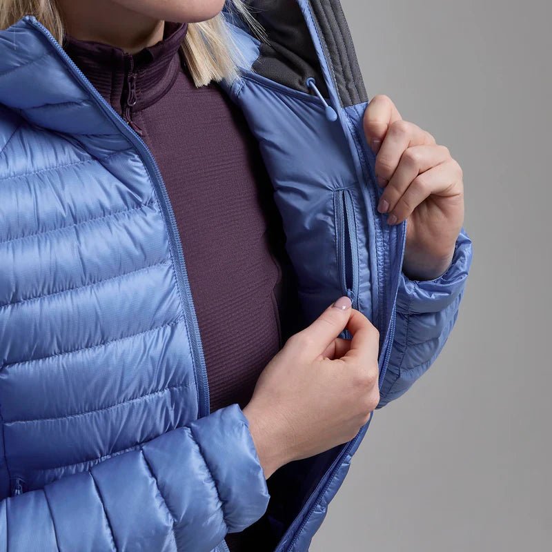 Montane Women&#39;s Anti - Freeze Hooded Down Jacket - Cornflower - Hill and Dale Outdoors
