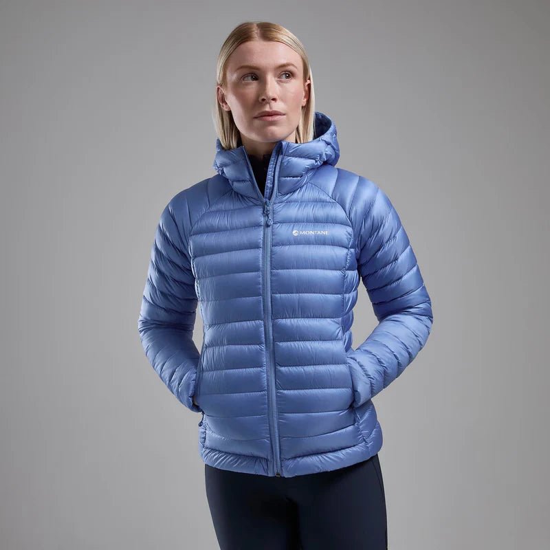 Montane Women&#39;s Anti - Freeze Hooded Down Jacket - Cornflower - Hill and Dale Outdoors