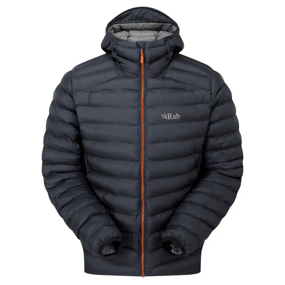Dark grey Rab Cirrus Alpine jacket front view with orange zipper and pockets