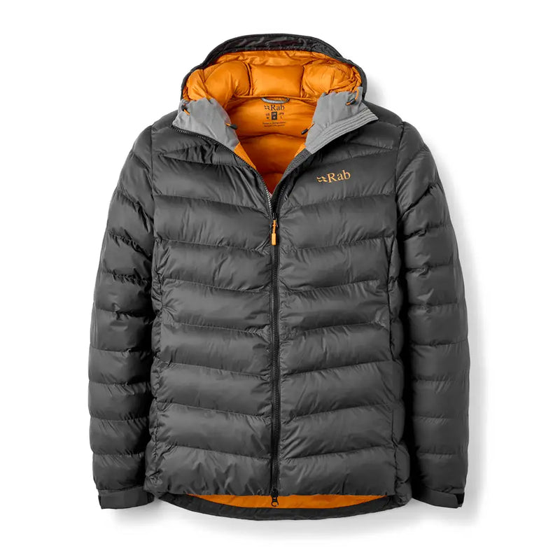 Rab Men's Nebitron Pro hooded jacket front view showing orange lining and zipper details